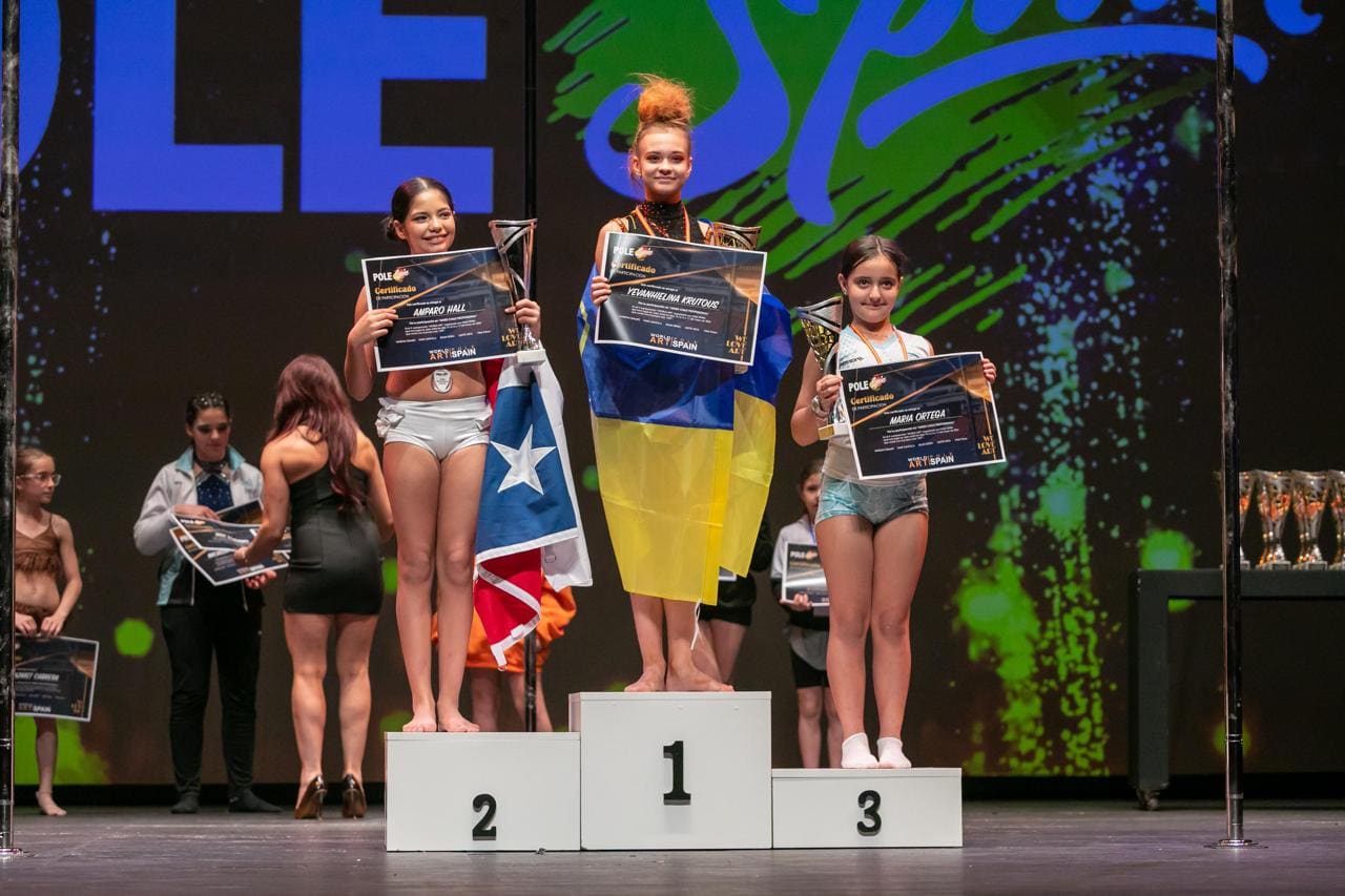 Podio de la categoría solista con Amparo Hall en el segundo lugar, sosteniendo su certificado y la bandera de Chile